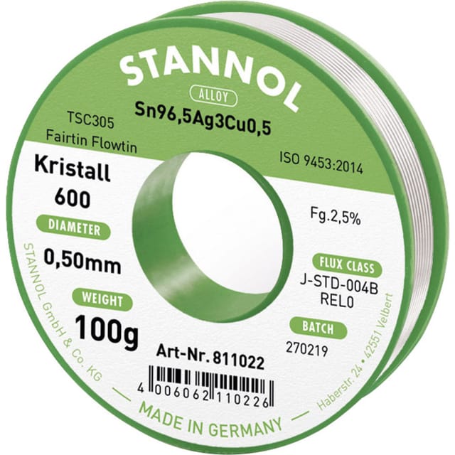 Stannol - Kristall 600 Fairtin Lötzinn, bleifrei bleifrei Sn96,5Ag3Cu0,5 REL0 100 g 0.5 mm