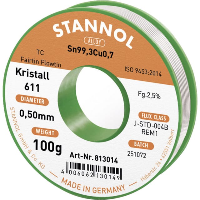 Stannol - Kristall 611 Fairtin Lötzinn, bleifrei bleifrei Sn99,3Cu0,7 REM1 100 g 0.5 mm