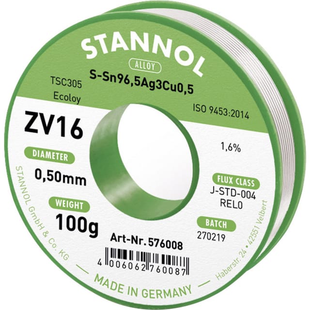 Stannol - ZV16 Lötzinn, bleifrei bleifrei Sn96,5Ag3Cu0,5 REL0 100 g 0.5 mm