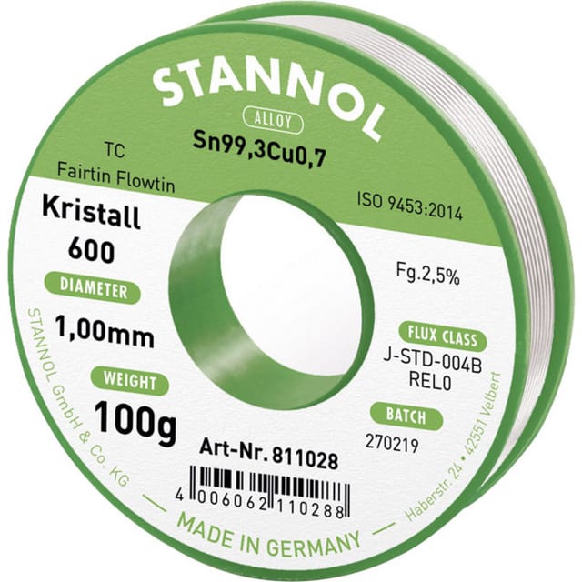 Stannol - Kristall 600 Fairtin Lötzinn, bleifrei bleifrei Sn99,3Cu0,7 REL0 100 g 1 mm