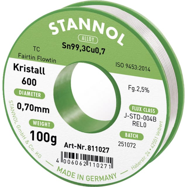 Stannol - Kristall 600 Fairtin Lötzinn, bleifrei bleifrei Sn99,3Cu0,7 REL0 100 g 0.7 mm