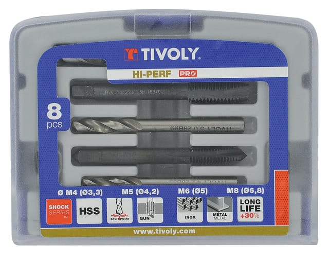Tivoly • Box mit 4 Maschinengewindebohrern GUN DIN 352 HSS M4 bis M10 + 4 HSS-Metallbohrern