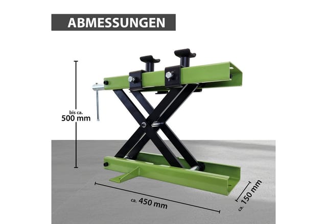 Motorradheber Stahl Tragkraft 500 kg Hubhöhe bis 500 mm Montagebock Motorradhebebühne Heber grün