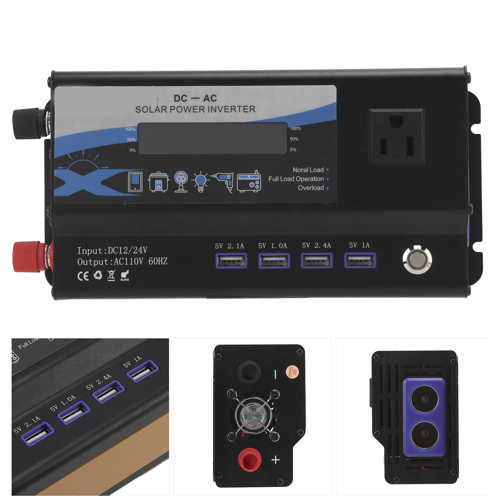 Kfz-konverter, Schwarz, Nennleistung 700w, Dualspannung 12/24v Auf Ac110v 60hz, Us-standardstecker Mit Umgebungslicht Und 4 Usb-anschlüssen.