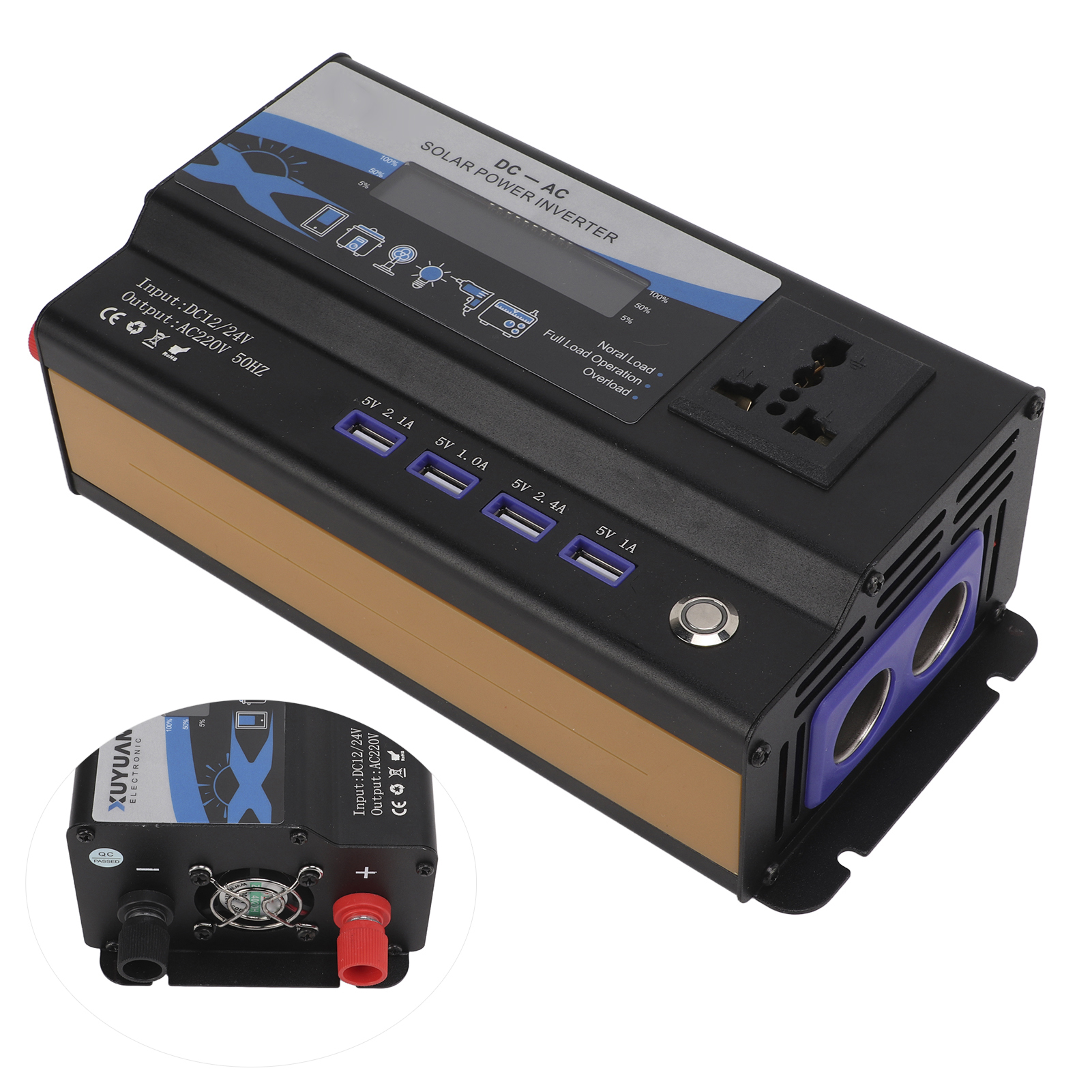 Kfz-konverter, Schwarz, Nennleistung 700w, Dualspannung 12/24v Auf Ac220v 50hz, Universalsteckdose Mit Umgebungslicht, 4 Usb-anschlüsse.