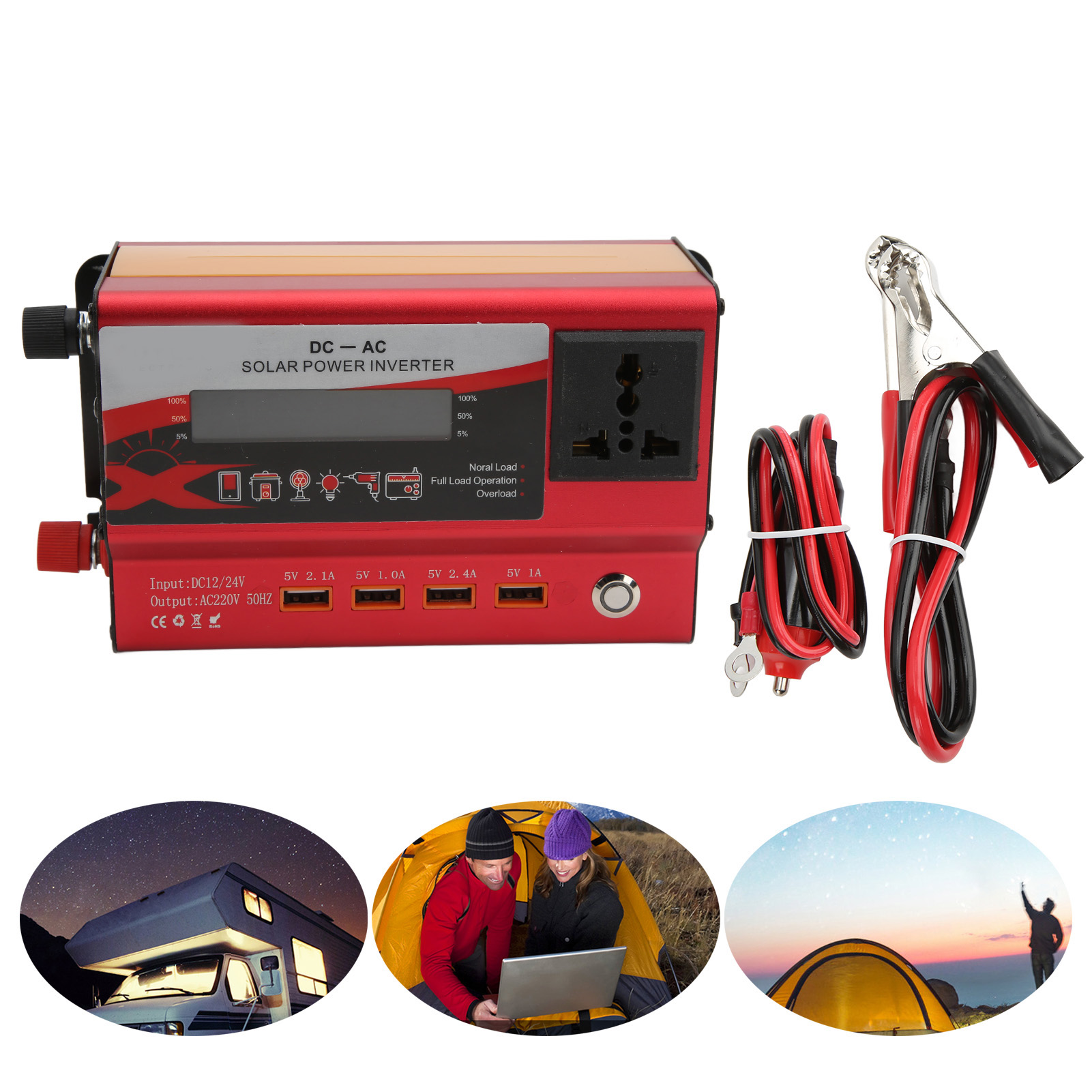 Kfz-konverter, Rot, Nennleistung 420 W, Dualspannung Dc 12/24 V Auf Ac 220 V 50 Hz, Lcd-bildschirm Mit Umgebungsbeleuchtung, Eine Universalsteckdose Und Vier Usb-anschlüsse.
