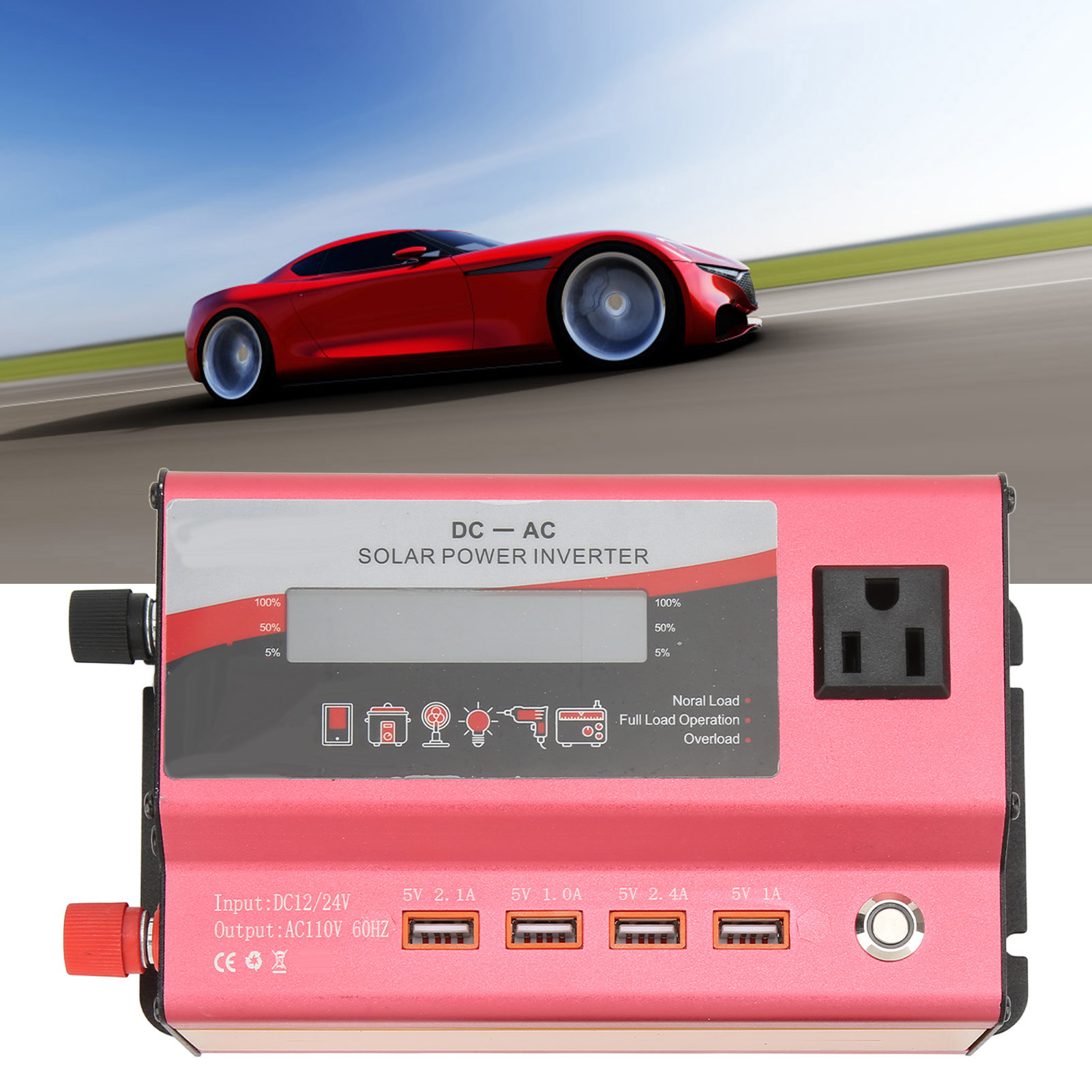 Kfz-konverter, Rot, Nennleistung 420 W, Dualspannung Dc 12/24 V Auf Ac 110 V 60 Hz, Lcd-bildschirm Mit Umgebungsbeleuchtung, 1 Us-standardstecker Und 4 Usb-anschlüsse.