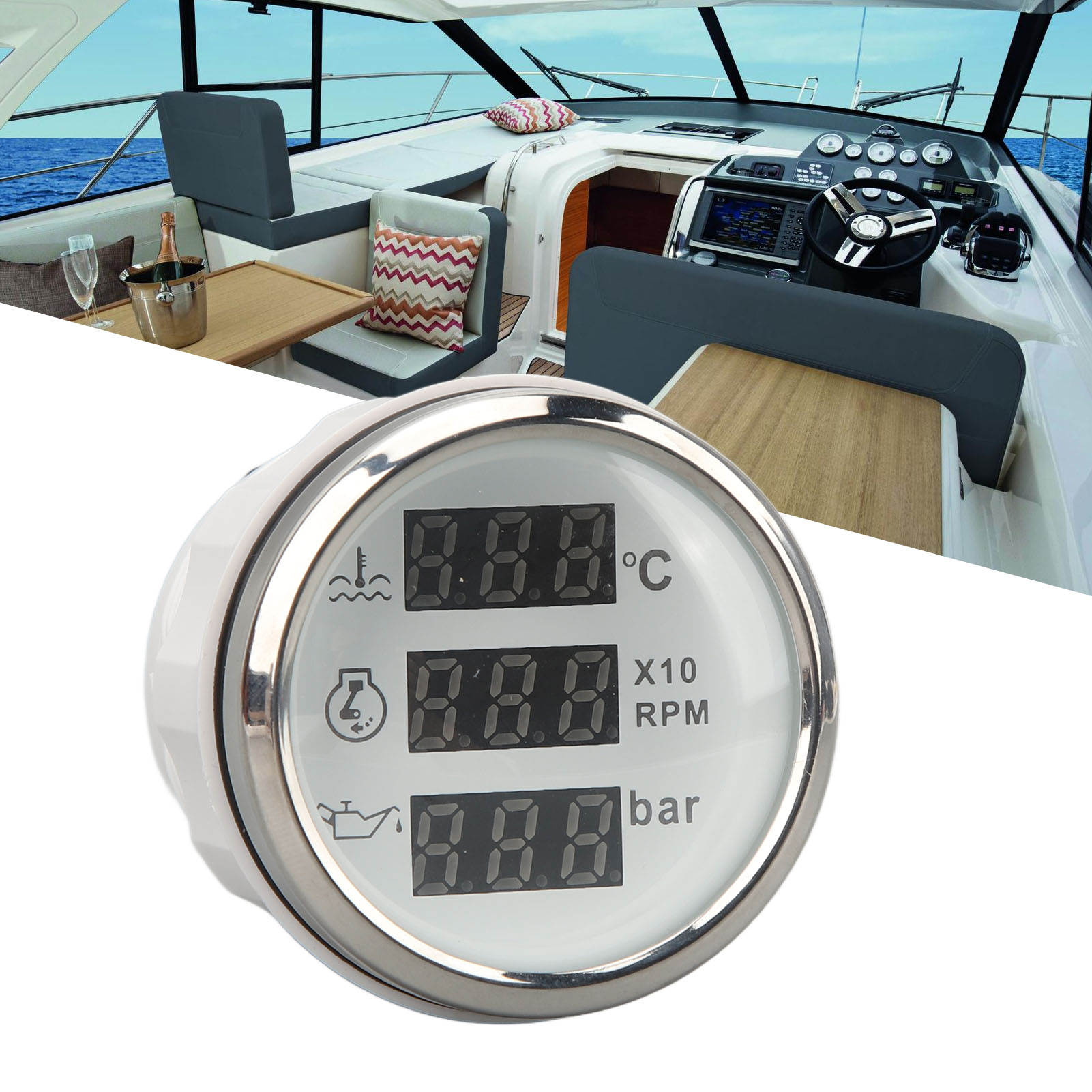 Dreifach-manometer Dc9-32v 52mm Für Wassertemperatur, Geschwindigkeit Und Öldruck, Geeignet Für Wohnmobile, Yachten, Fischerboote Und Schiffe (weißes Zifferblatt, Silberne Abdeckung) (referenz: Cx6078