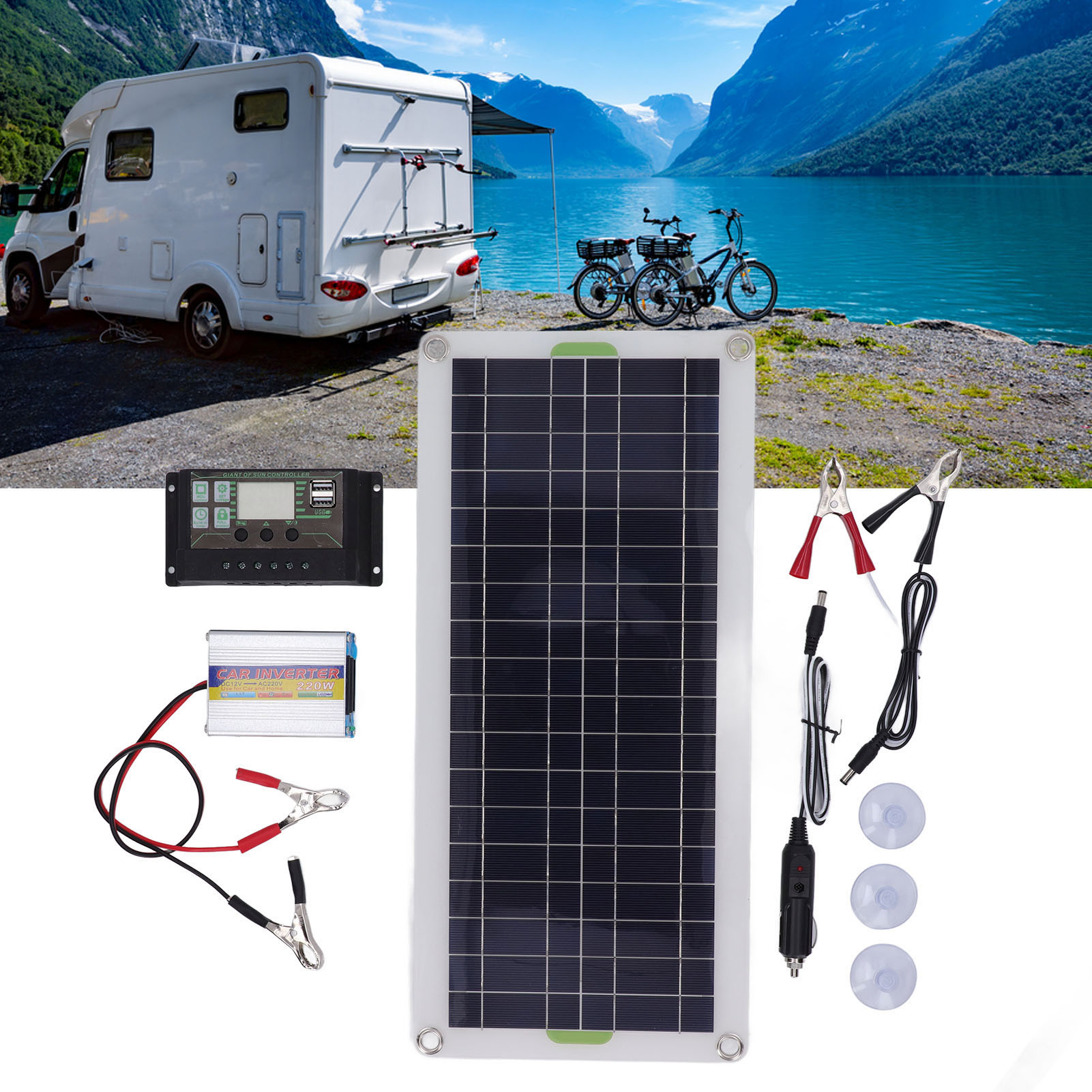 Zubehör Für Wohnmobile: 12v 30w Polykristallines Solarpanel-set Mit Zwei Usb-anschlüssen + 220w Wechselrichter Mit Regler (10a).