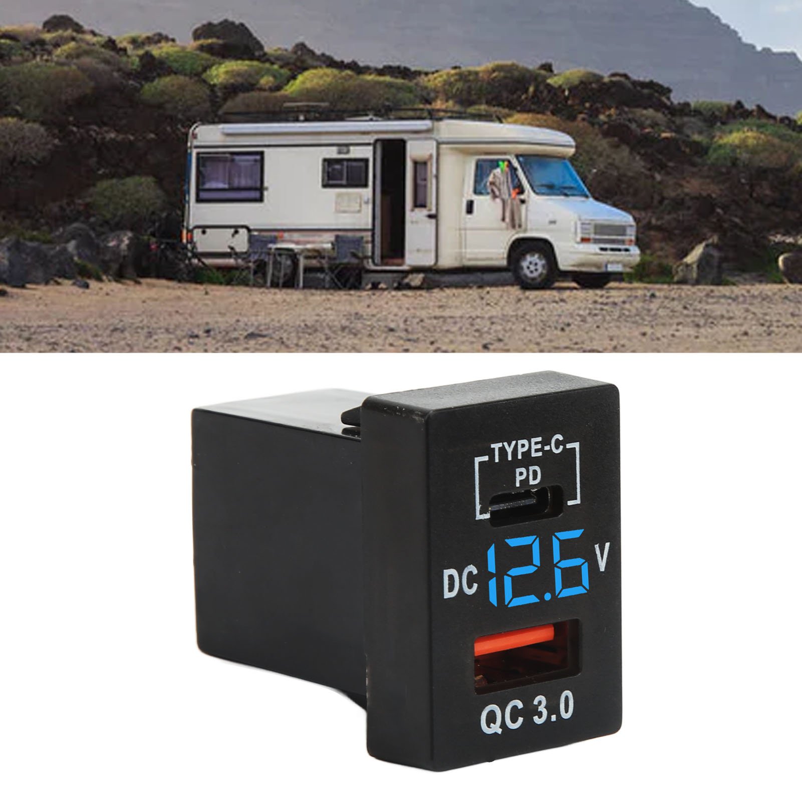 Umschaltbarer Usb-autolader Für Auto, Motorrad Und Wohnmobil Mit Qc3.0+pd-schnittstelle Und Digitaler Voltmeteranzeige (blaue Leuchte).