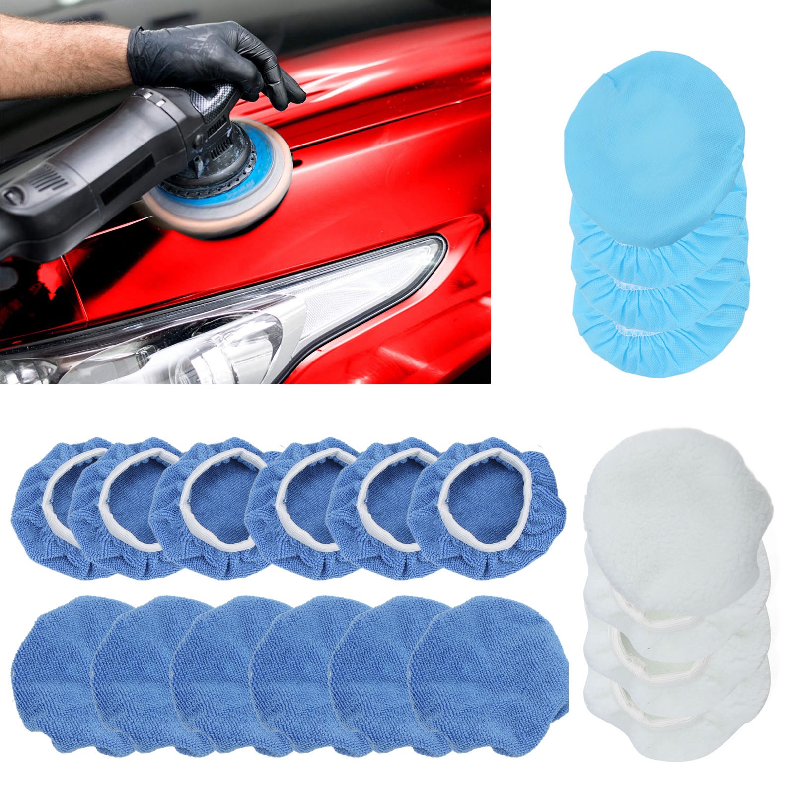 20-teiliges Polierset Für 6-zoll-ventilkappen: 12 Faserpads + 4 Wollpads + 4 Wachsapplikatoren. Geeignet Für Autos, Motorräder Und Boote.