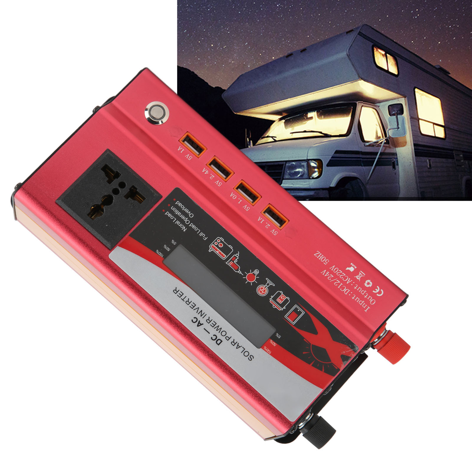 Kfz-konverter, Rot, Nennleistung 700w, Dualspannung Dc12/24v Auf Ac220v 50hz, Lcd-bildschirm Mit Umgebungsbeleuchtung, 1 Universalsteckdose Und 4 Usb-anschlüsse.