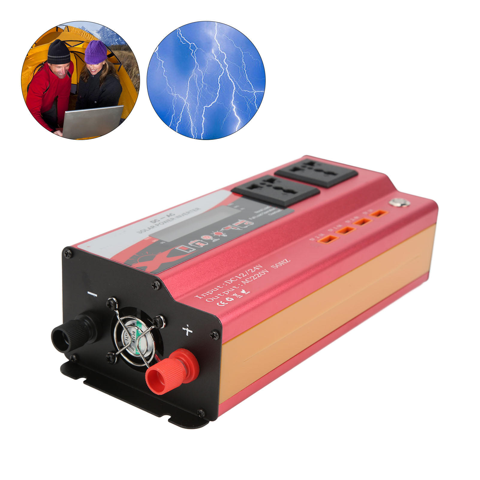 Kfz-konverter, Rot, Nennleistung 900w, Dualspannung Dc12/24v Auf Ac220v 50hz, Lcd-bildschirm, Zwei Universalsteckdosen Mit Ambientebeleuchtung Und Vier Usb-anschlüsse.