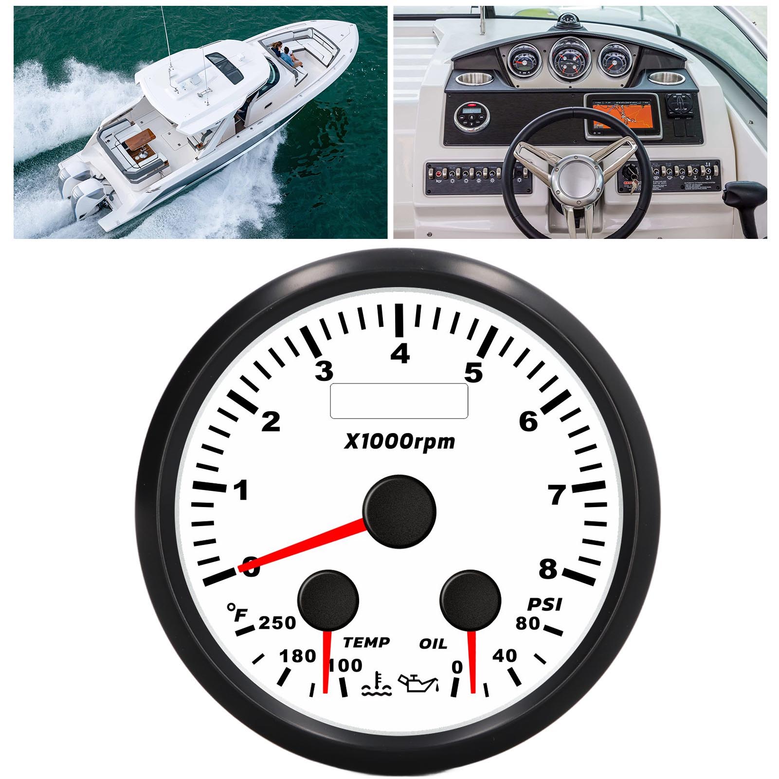 85 Mm 3-in-1 Marine-multifunktionsanzeige, 8000 U/min, Mit Öldruckanzeige Und Wassertemperaturanzeige, Rote Hintergrundbeleuchtung, Geeignet Für Yachten Und Wohnmobile (weißes Zifferblatt, Schwarzer R