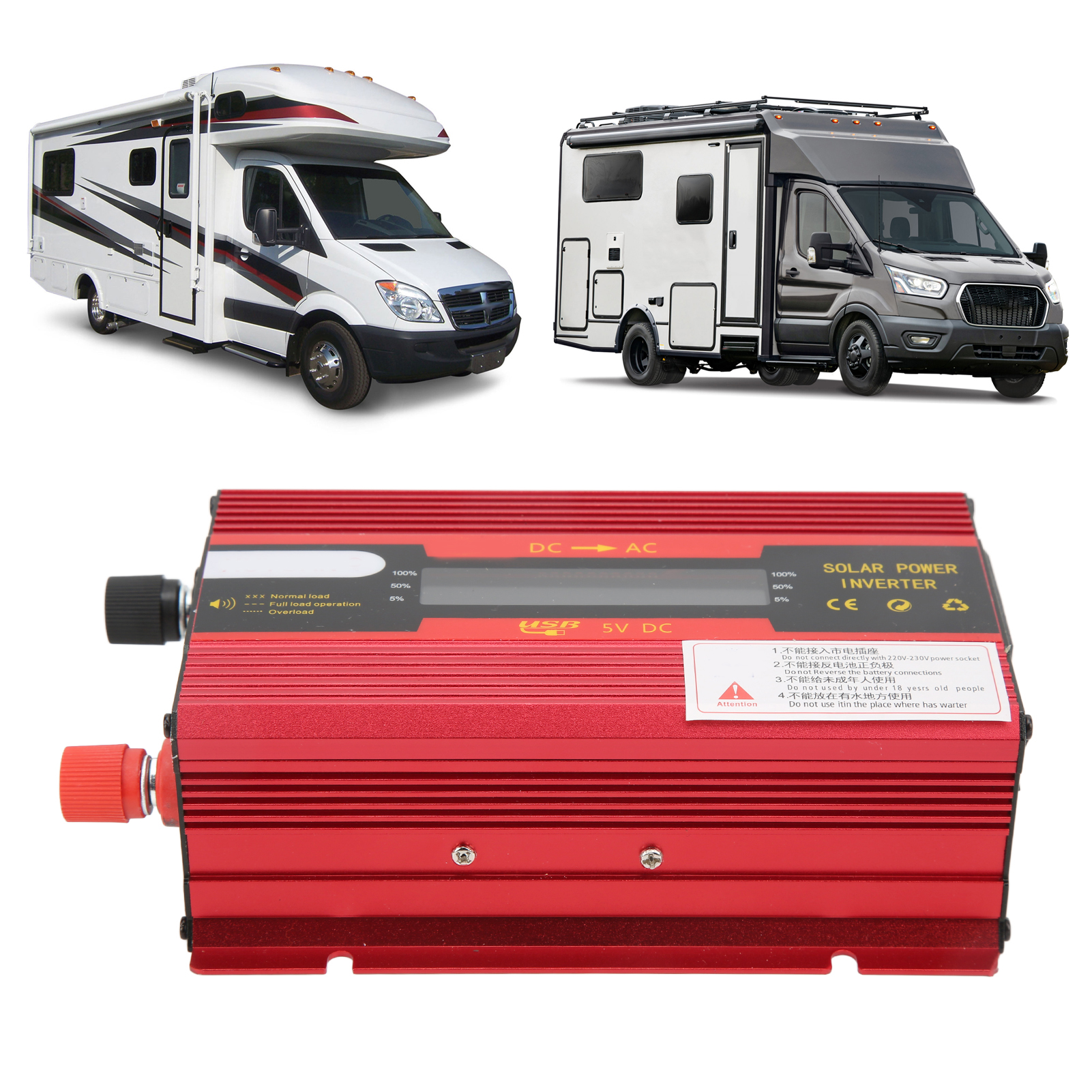 Roter Wechselrichter, 12 V/24 V Auf 220 V, 420 W Nennleistung, Inklusive Universalsteckdose Und Usb-anschluss. Inklusive Kfz-konverter Mit Lcd-display.