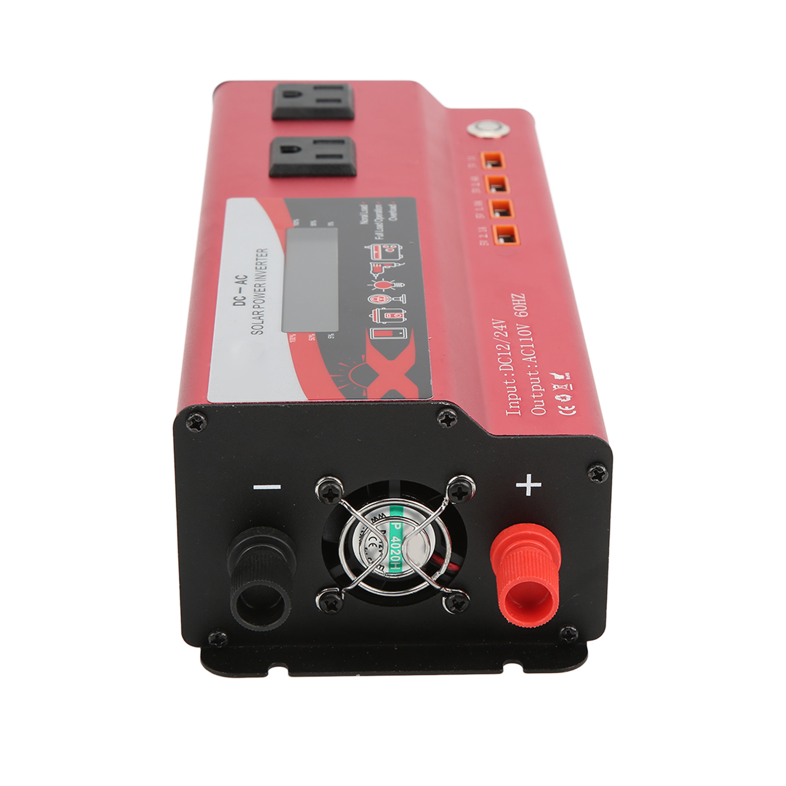 Kfz-konverter, Rot, Nennleistung 900w, Dualspannung Dc12/24v Auf Ac110v 60hz, Lcd-bildschirm, Zwei Us-standardsteckdosen Mit Ambientebeleuchtung Und Vier Usb-anschlüsse.
