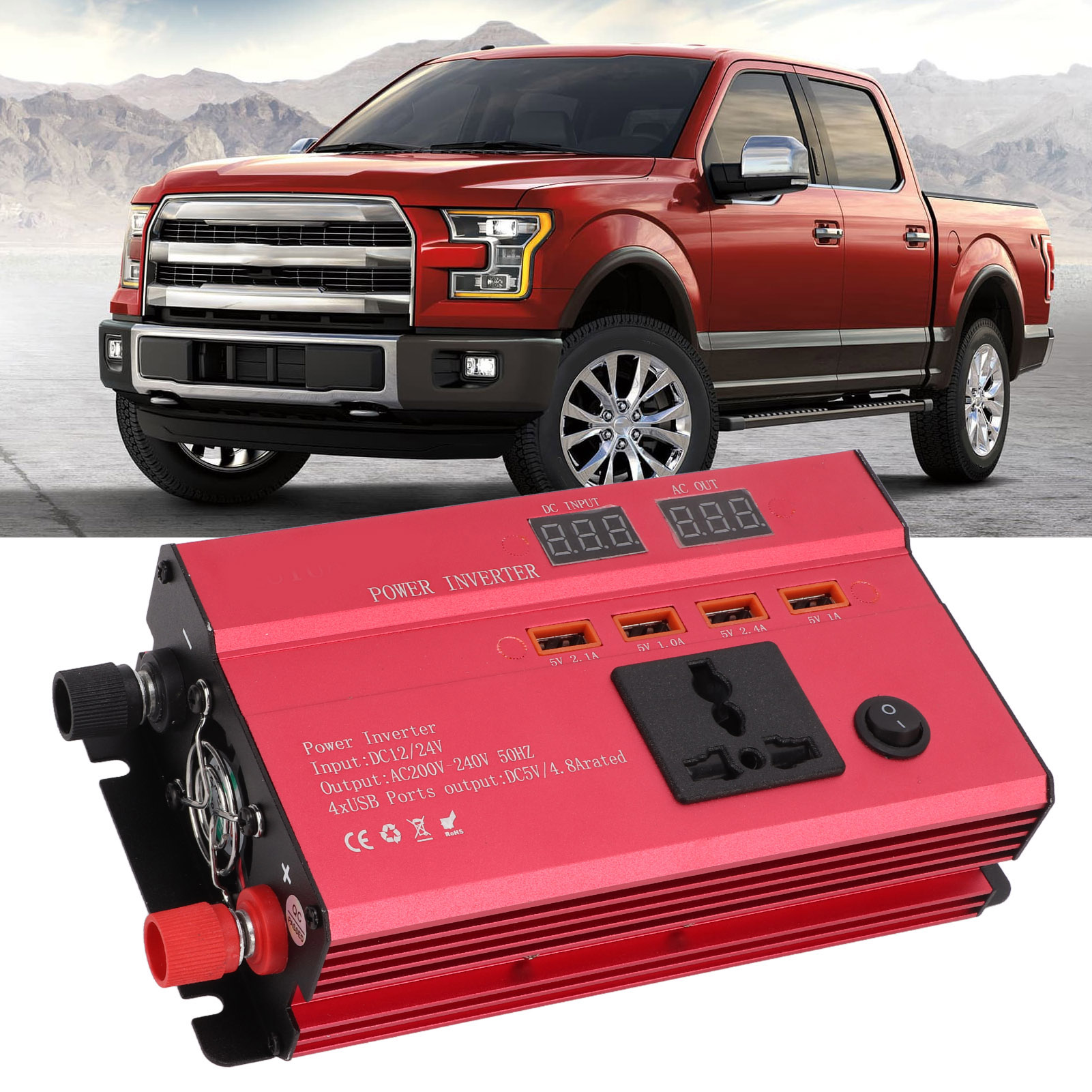 Kfz-konverter, Rot, Nennleistung 420 W, Dualspannung 12 V/24 V Auf 220 V 50 Hz, Led-anzeige, Eine Universalsteckdose Und Vier Usb-anschlüsse, Mit Zigarettenanzünderstecker.