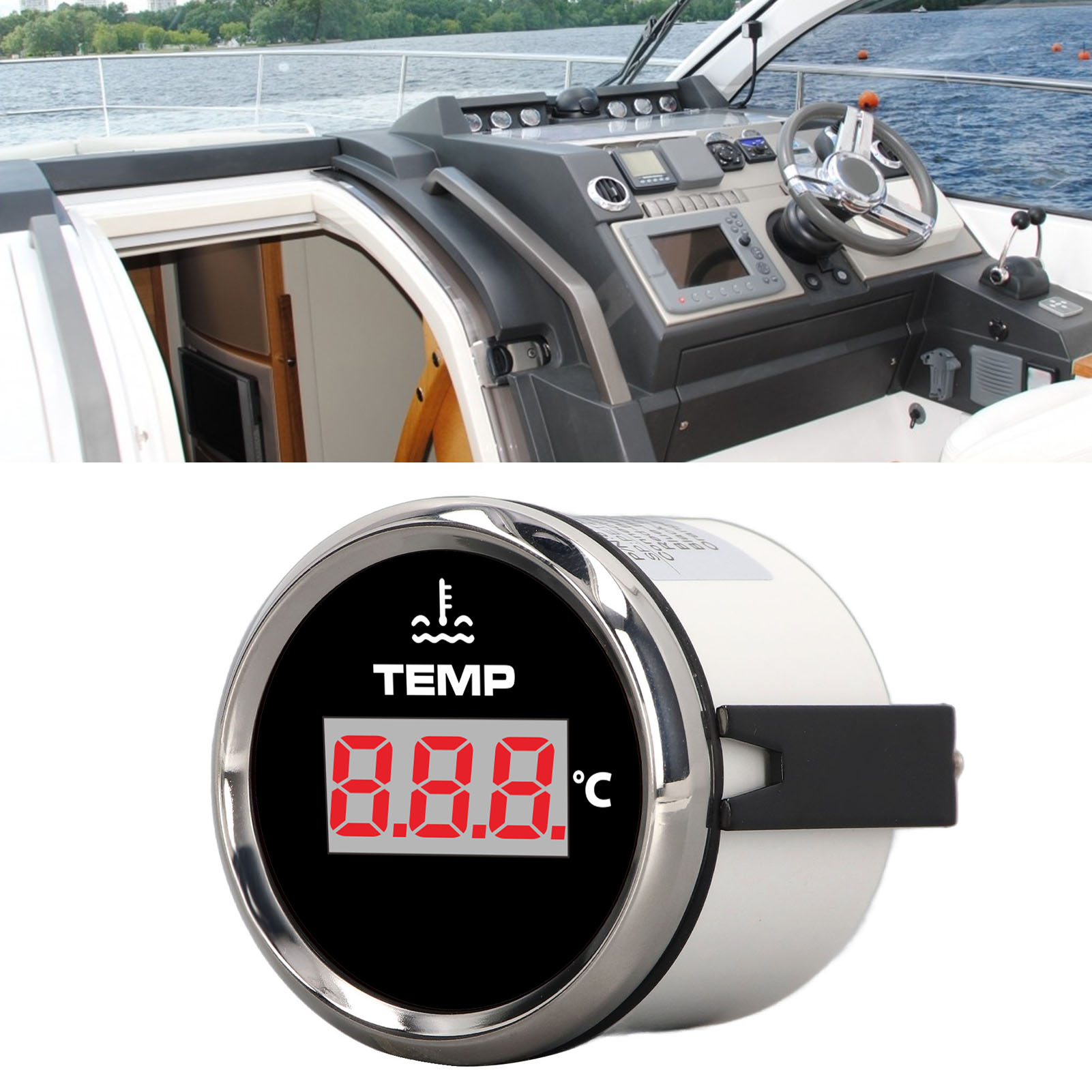 52-mm-digitalanzeige Für Die Wassertemperatur Mit Roter Hintergrundbeleuchtung, Geeignet Für Wohnmobile, Yachten Und Lastwagen (schwarzer Hintergrund Mit Silbernem Rahmen).