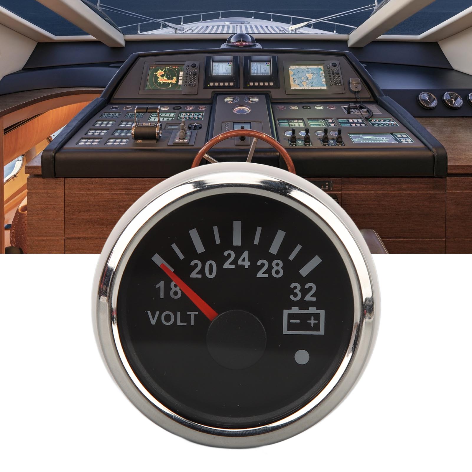 Analoges Voltmeter (52 Mm), Dc 9–32 V/dc 18–32 V, Mit Siebenfarbiger Hintergrundbeleuchtung, Ideal Für Wohnmobile, Yachten, Fischerboote Und Schiffe. Schwarzes Zifferblatt, Silbernes Gehäuse (ref.: Cx