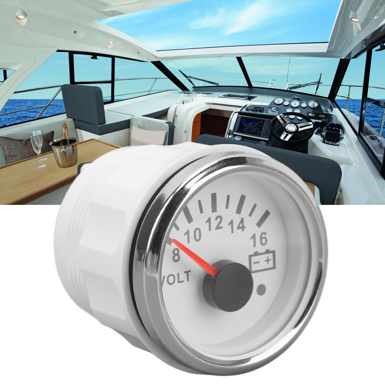 Analoges 9–32-v-gleichstrom-voltmeter, 52 Mm, Mit Siebenfarbiger Hintergrundbeleuchtung, Ideal Für Wohnmobile, Yachten, Fischerboote Und Schiffe. Weißes Zifferblatt Und Silbernes Gehäuse (art.-nr.: Cx