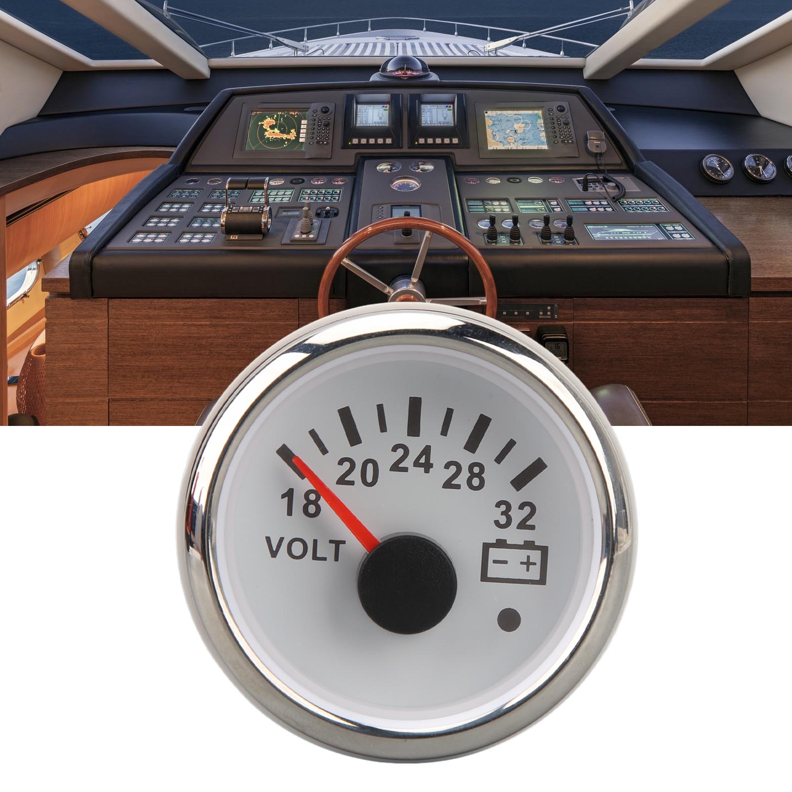 Analoges 52-mm-voltmeter, Dc 9–32 V/dc 18–32 V, Mit Siebenfarbiger Hintergrundbeleuchtung, Ideal Für Wohnmobile, Yachten, Fischerboote Und Schiffe. Weißes Zifferblatt Und Silbernes Gehäuse (art.-nr.: