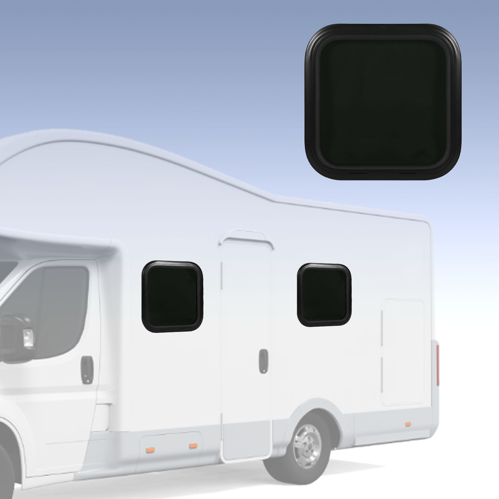 (t01) Feststehendes Aluminiumfenster Mit Abgerundeten Ecken (450 X 450 Mm) Mit Klarer Schwarzer Verglasung Und Befestigungsring. Geeignet Für Wohnmobile, Campervans Und Wohnwagen. Empfohlene Wandstärk