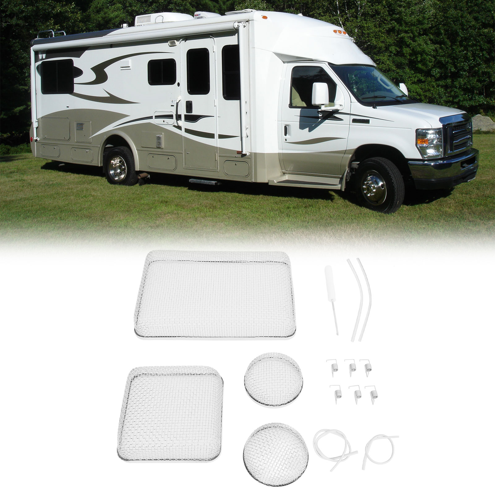 Schutznetz Aus Edelstahl (4-teilig) Für Wohnmobile, Inklusive Belüftungsmaske Und Klebestreifen. Geeignet Für Die Lüfter Von Wohnmobil-warmwasserbereitern.