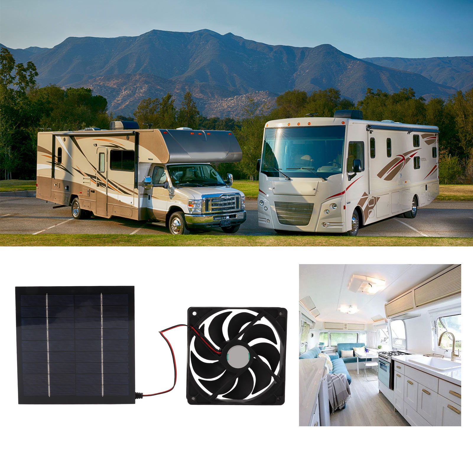 Zur Ausstattung Des Wohnmobils Gehören Ein 10-w-monokristallines Silizium-solarpanel, Ein 120 Mm Großer Quadratischer Lüftungskasten Und Ein 5-v-solar-abluftventilator.