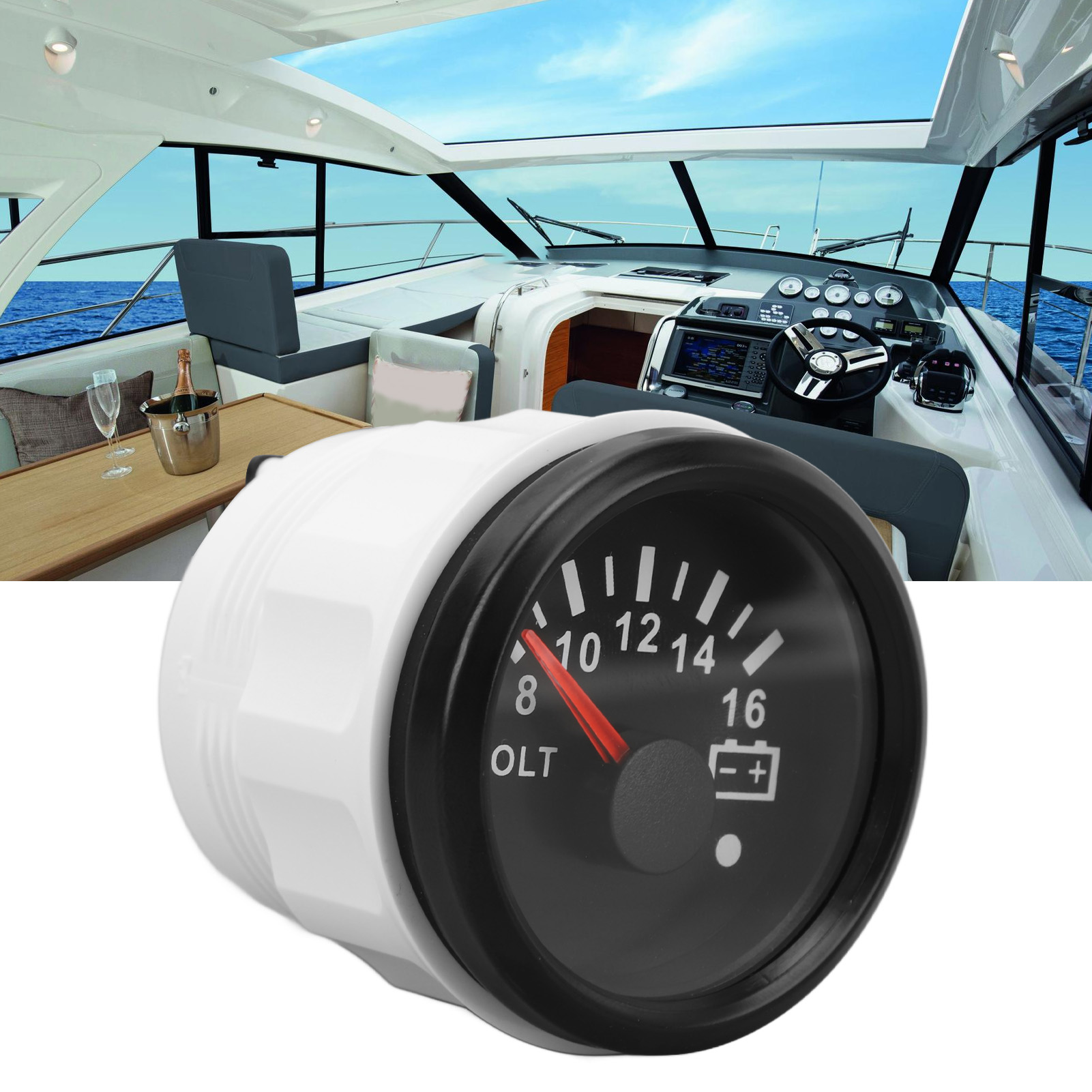 Analoges 52-mm-gleichstrom-voltmeter (9–32 V) Mit Siebenfarbiger Hintergrundbeleuchtung, Ideal Für Wohnmobile, Yachten, Fischerboote Und Schiffe. Schwarzes Zifferblatt Und Gehäuse (ref.: Cx2073b).