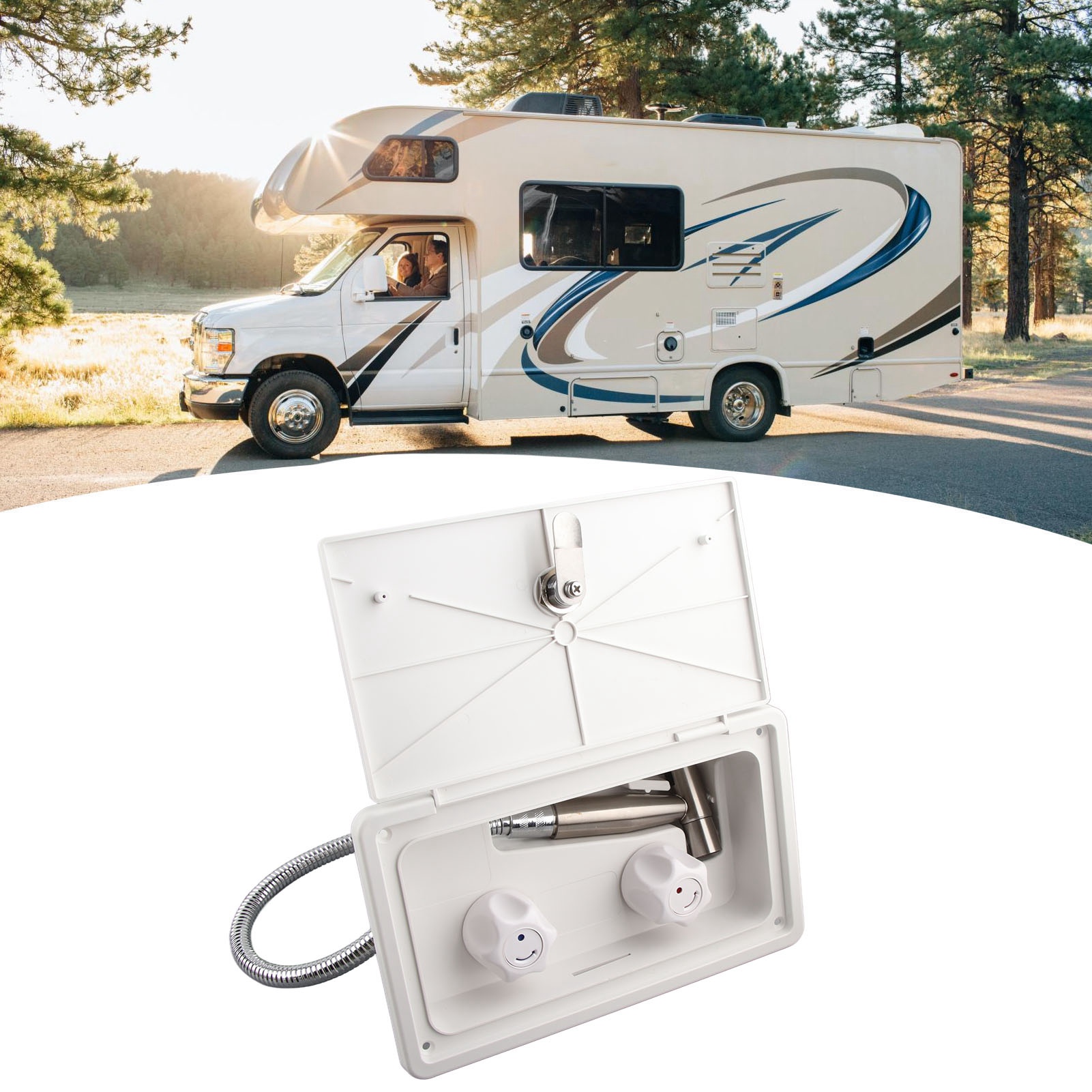 Zubehör Für Den Camper-ausbau, Außendusche Mit Doppelhahn Für Camper, Duschkopf Für Camper, Außenduschengehäuse, Weiß Mit Metallschlauch 0100058, Weiß Mit Metallschlauch 0100058