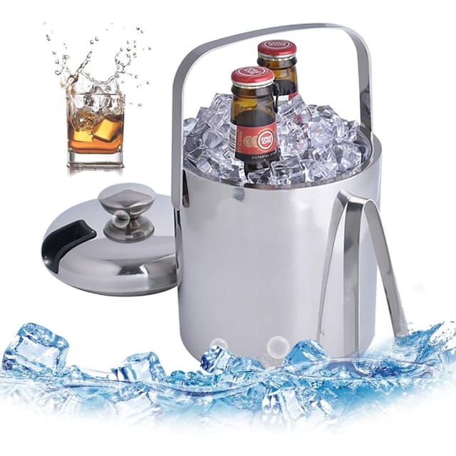 Eiswürfelbehälter mit Deckel, 1,3 L, Eisbehälter, Champagnerkühler, Edelstahlbehälter mit Klammer und Deckel