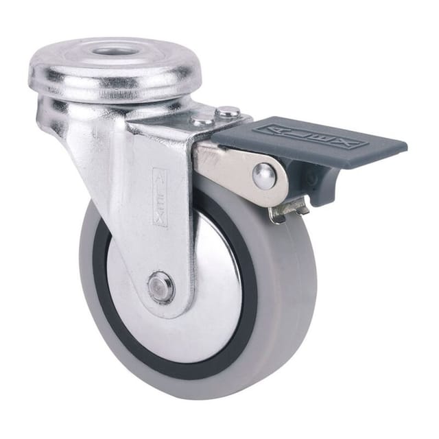 Gummi-Lenkrolle mit Loch, Feststeller und glatter Achse, grau, max. Tragkraft 17 kg, ø 4 cm
