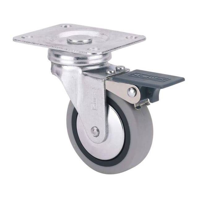 Gummi-Lenkrolle mit Platte, Feststeller und glatter Achse, grau, max. Tragkraft 17 kg, ø 4 cm