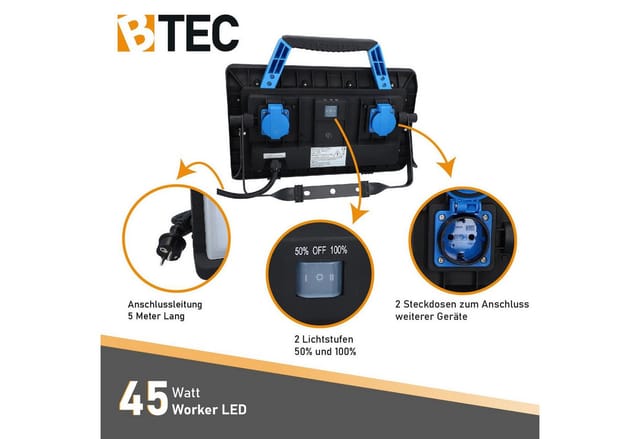 Btec - Arbeitsleuchte Worker led 45 Watt, mit Steckdosen
