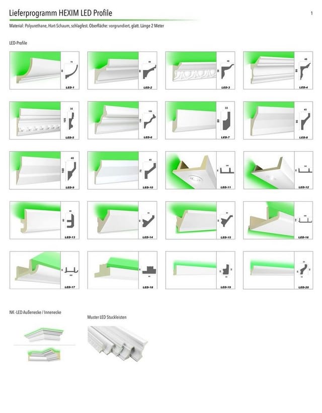 Led Stuckleisten aus pu - lichtundurchlässig, Variantenvielfalt & vorgrundiert - Sparpakete: LED-19 / 35x20mm, 2 Meter
