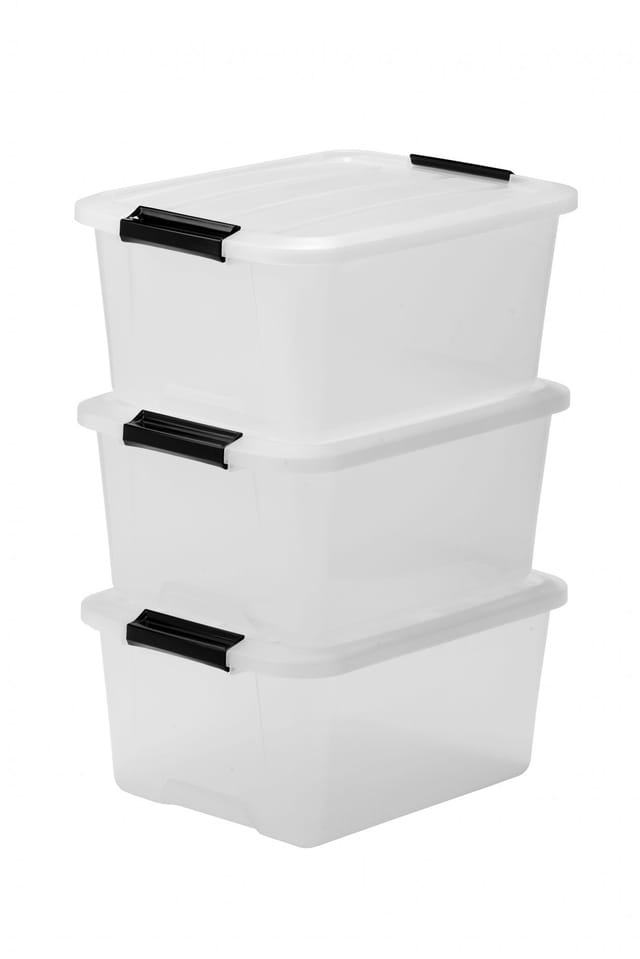 Aufbewahrungsbox mit Deckel, 15L, 3er-Set, Transparent, Schnappverschlüsse mit Griffen, Stapelbar, Stark & Langlebig, Für Kleidung, Garage, Zuhause,
