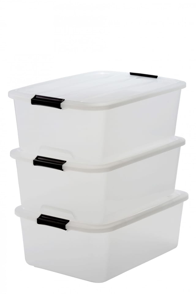 Aufbewahrungsbox mit Deckel, 30L, 3er-Set, Transparent, Schnappverschlüsse mit Griffen, Stapelbar, Stark & Langlebig, Für Kleidung, Garage, Zuhause,