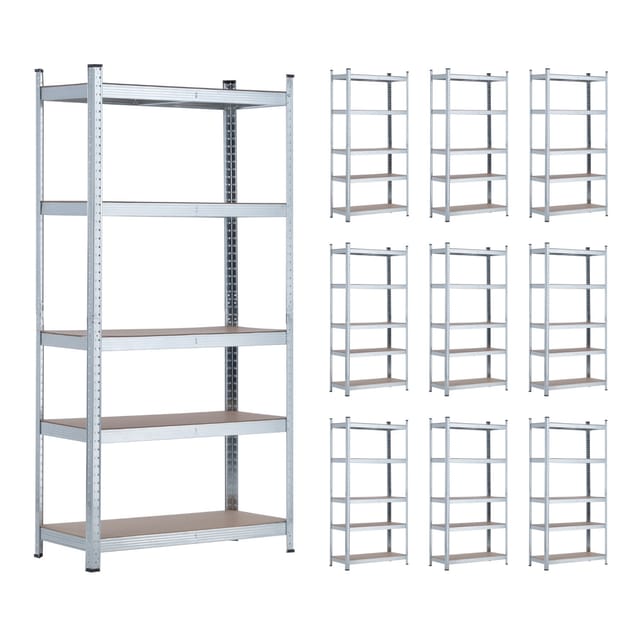 MegaPack 10 Modulare Metallregale mit 5 Böden 875kg Silber 90x40x180cm 7house