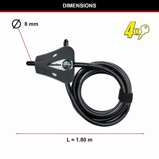 Master Lock - Verstellbares Kabelschloss mit Schüsselschloss - Kabel einstellbar von 30 cm bis 1,8 m - Python - 8418EURD - Ideal für Sportausrüstung,