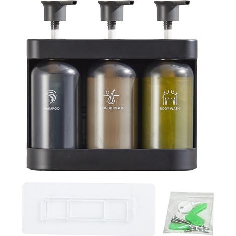 3-kammer-wandspender Für Duschseife, Shampoo, Spülung, Duschgel, Für Badezimmer, Hotel, 380 Ml Pro Flasche, Dunkelgrau.