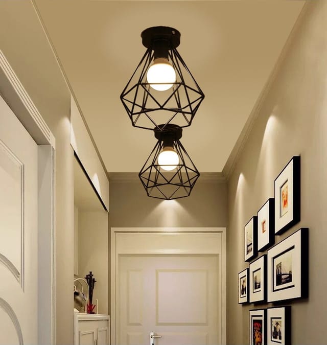 Axhup - 2x Deckenlampe Kronleuchter in Rautenform Metall E27 Lüster Retro Pendelleuchte für Balkon Korridor Badezimmer Eingang Küche Schwarz