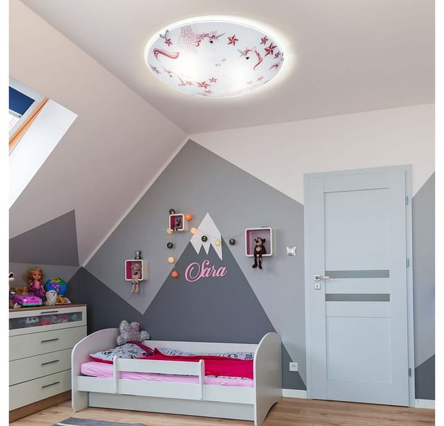 Led Decken Leuchte rund Kinder Zimmer Beleuchtung Sterne Einhörner bordeaux rosa weiss Globo 40609-16