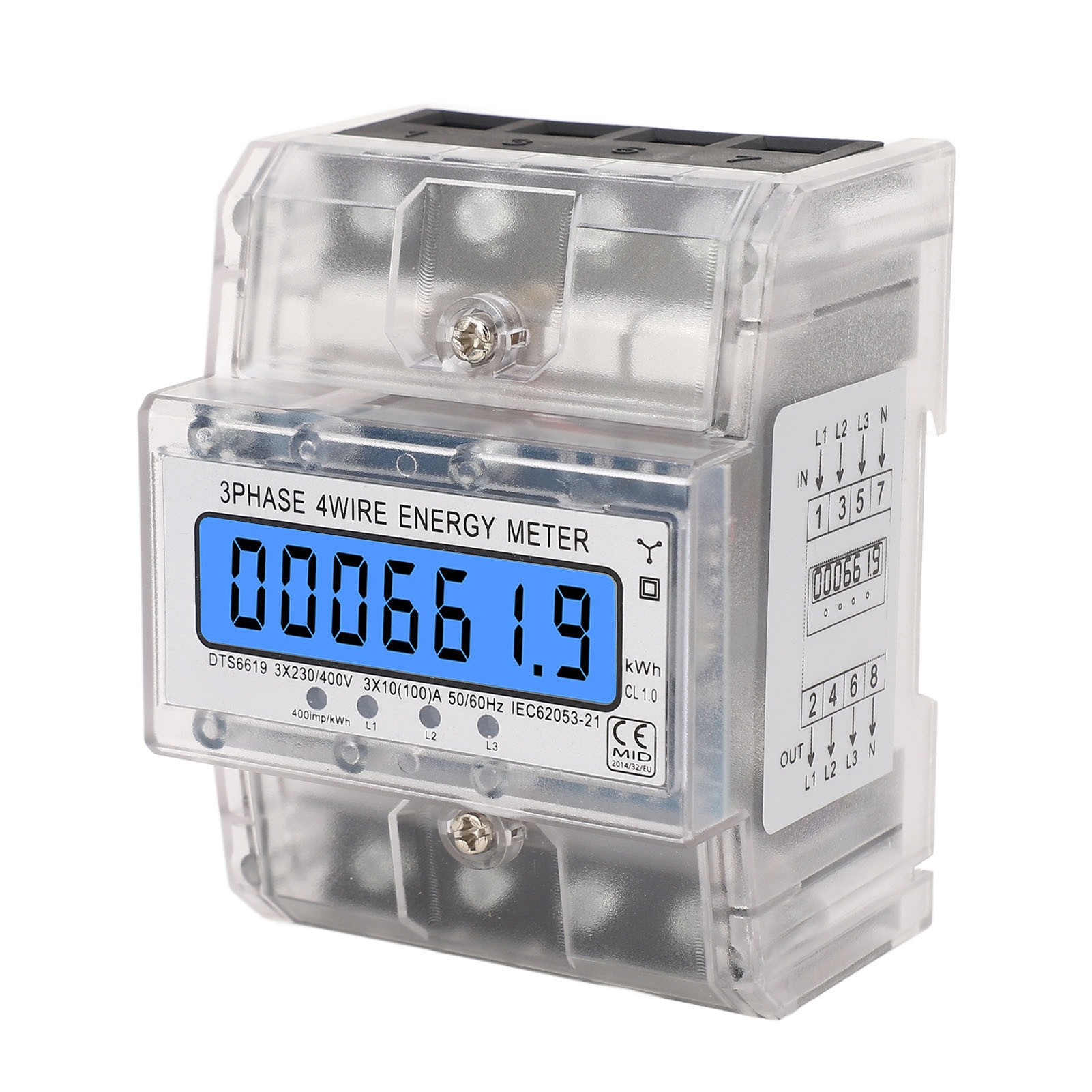 Dreiphasen-4-leiter-energiezähler, Hintergrundbeleuchtetes Lcd-display, Din-schienenmontage, 10–100 A, 230/400 V Ac