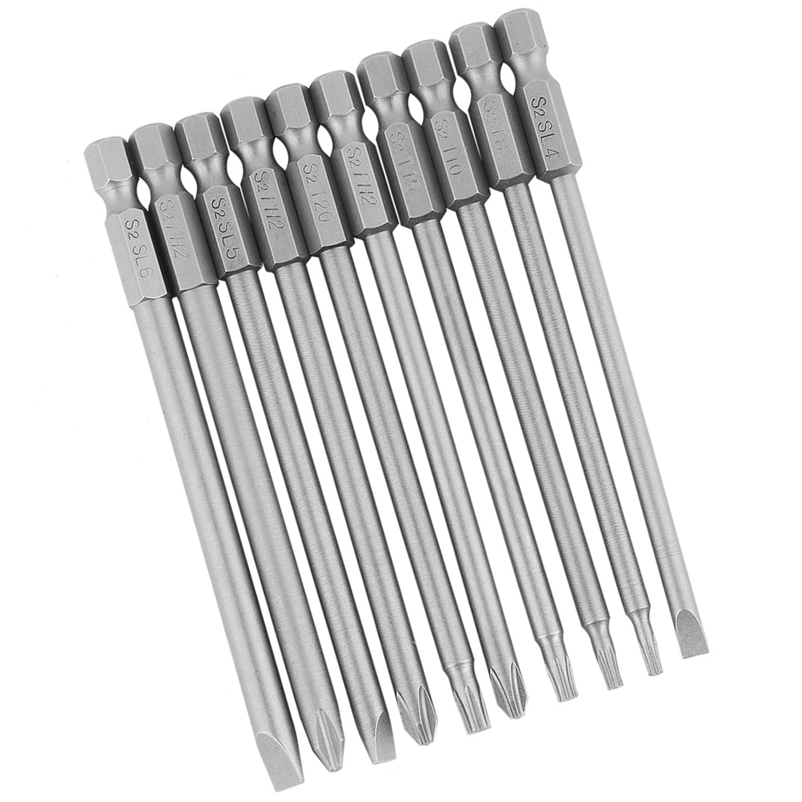Set Mit 10 Magnetischen Schraubendreherbits, 100 Mm, 1/4"-sechskantschaft, Schlitz + Kreuzschlitz-sicherheitsstern