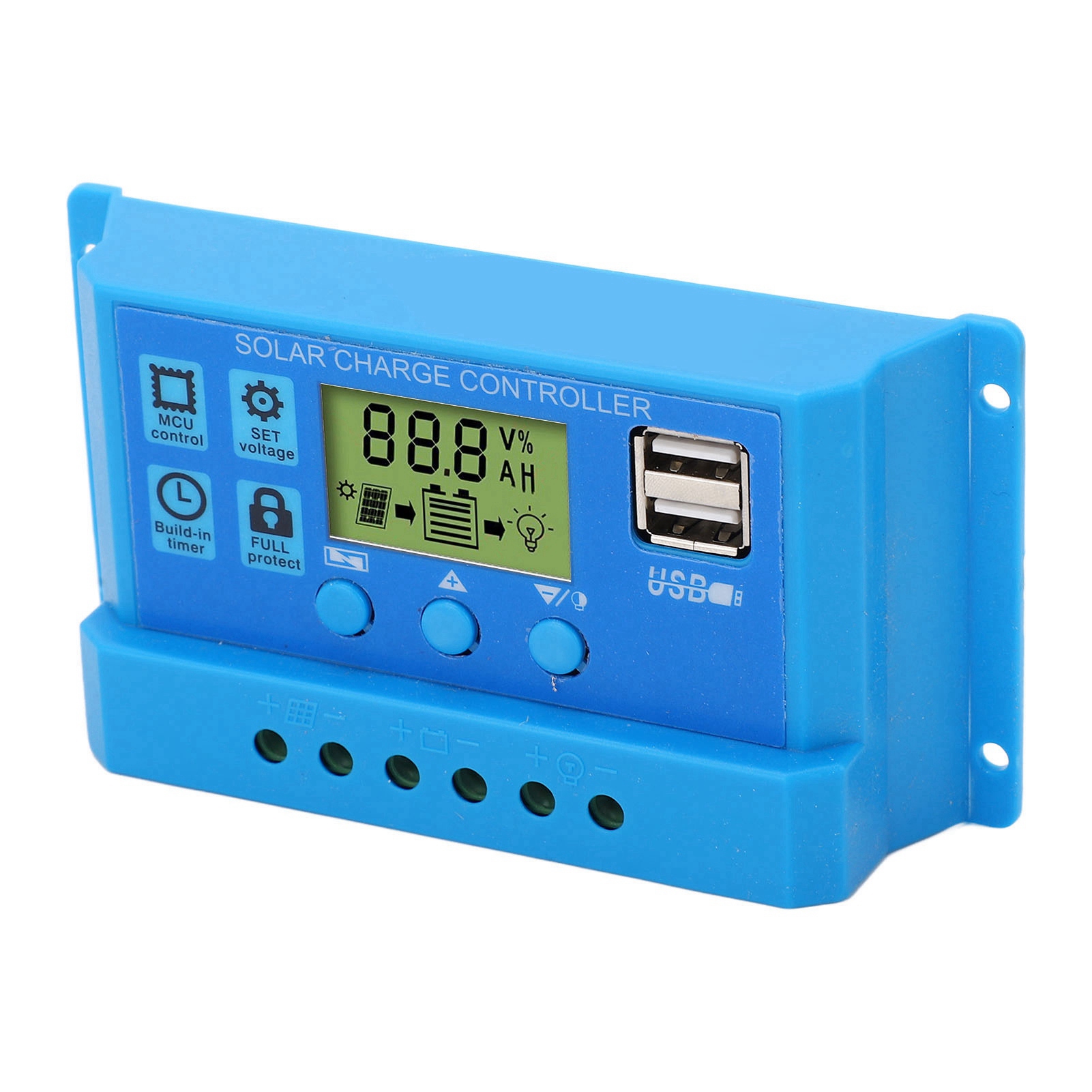 Pwm-solarladeregler Mit Konfigurierbarem Lcd-bildschirm, 2 Usb-anschlüssen, Blau, 12 V/24 V