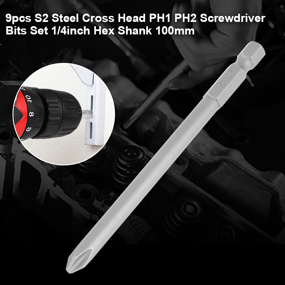 Set Mit 9 Kreuzschlitzschraubendreherbits Ph1 Und Ph2 Aus S2-stahl, 1/4-zoll-sechskantschaft, 100 Mm Länge