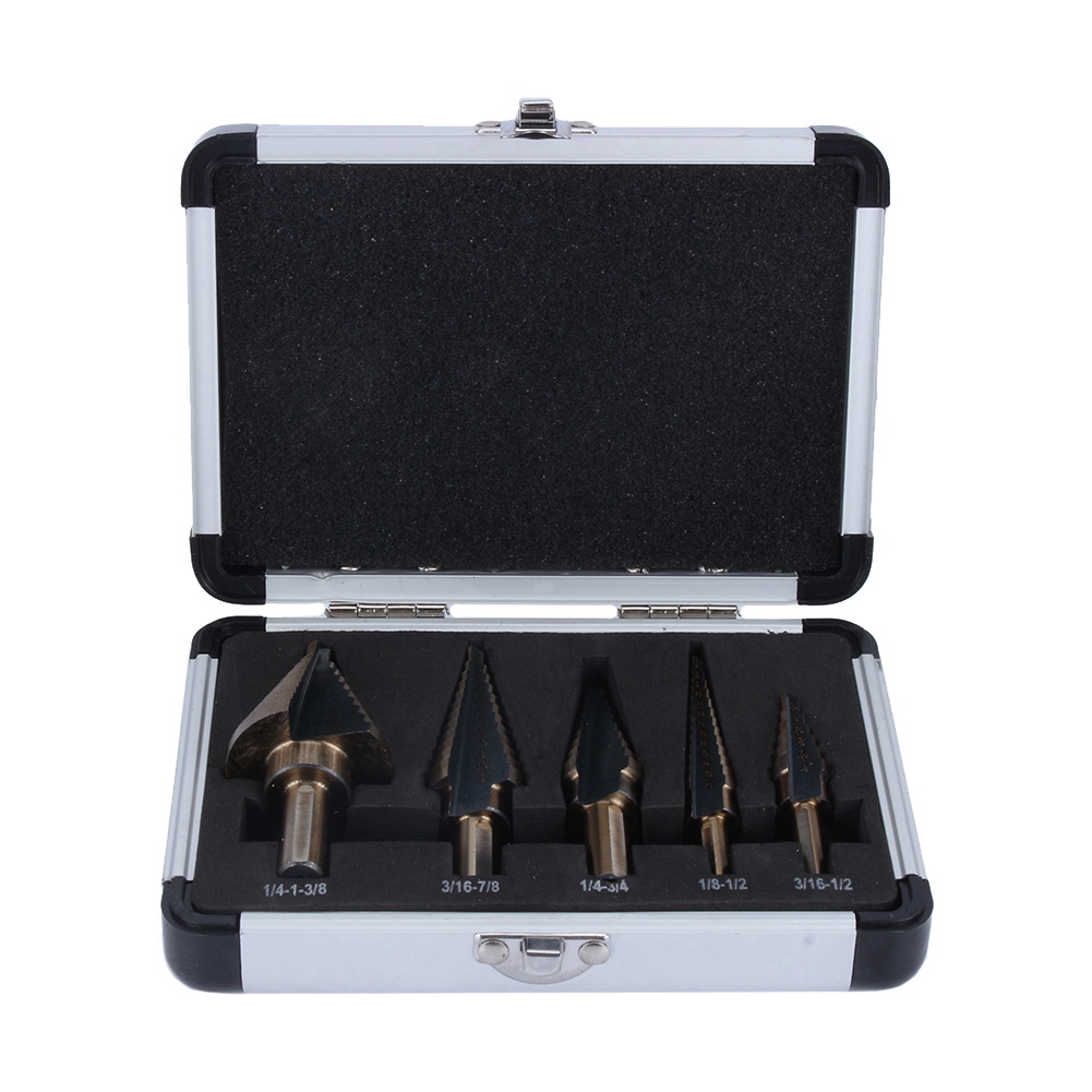 Set Mit 5 Hss-kobalt-stufenbohrern, Titankegel, Lochschneider, Aufbewahrungskoffer