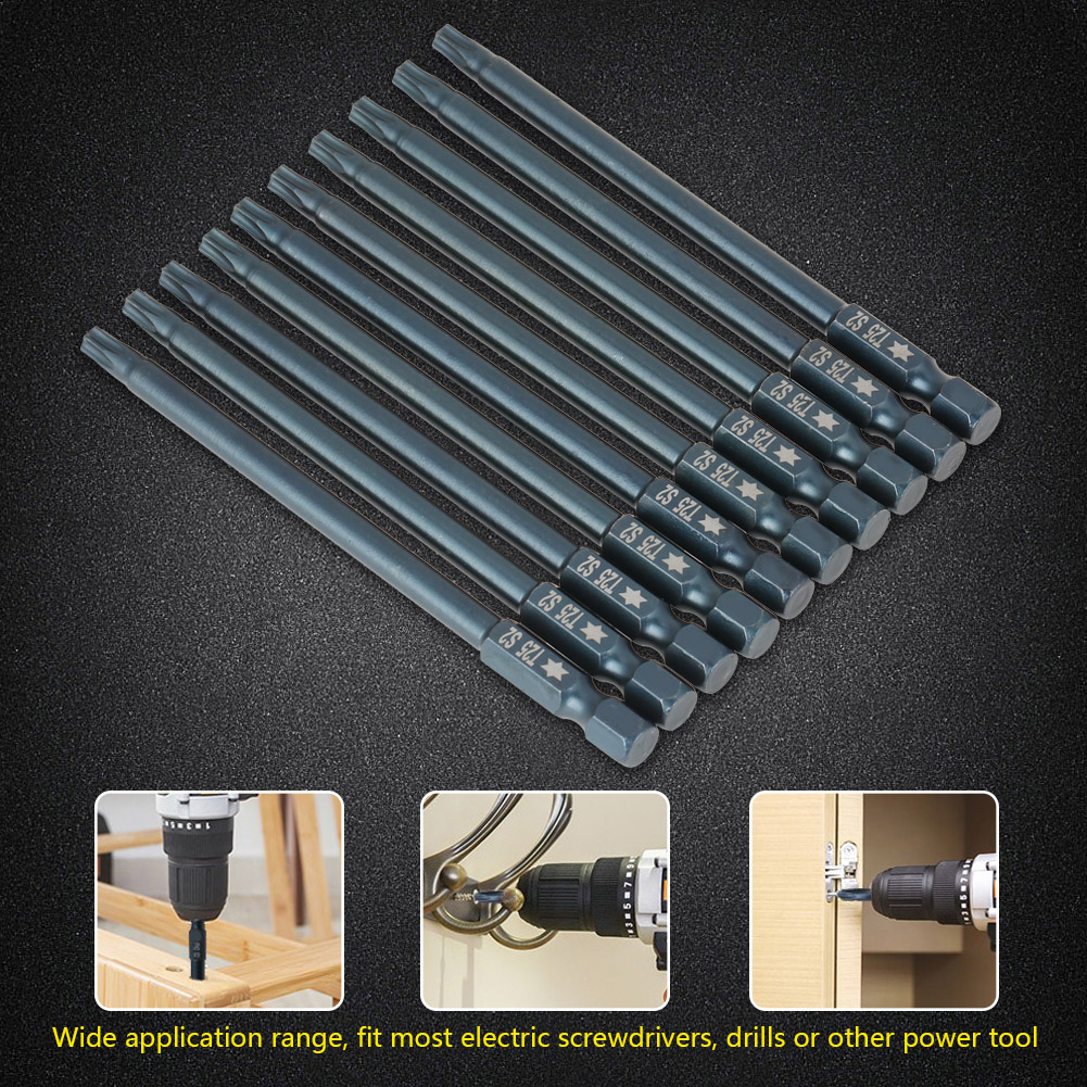 Set Mit 10 Magnetischen T25-sicherheitssternschraubendreherbits, 1/4"-sechskantschaft, 100 Mm
