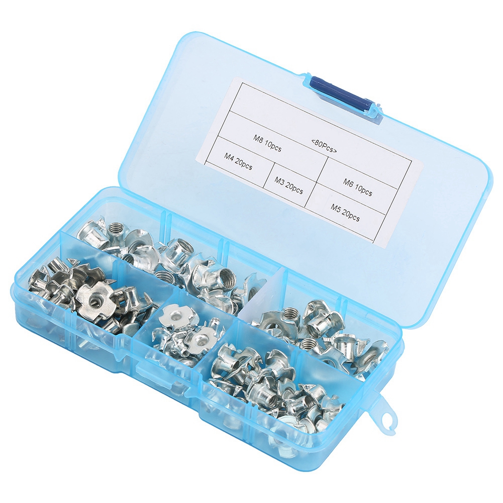 Packung Mit 80 Zahnmuttern M3/4/5/6/8 Aus Kohlenstoffstahl, 4-punkt-t-muttern Für Holzbearbeitung Und Möbelbau