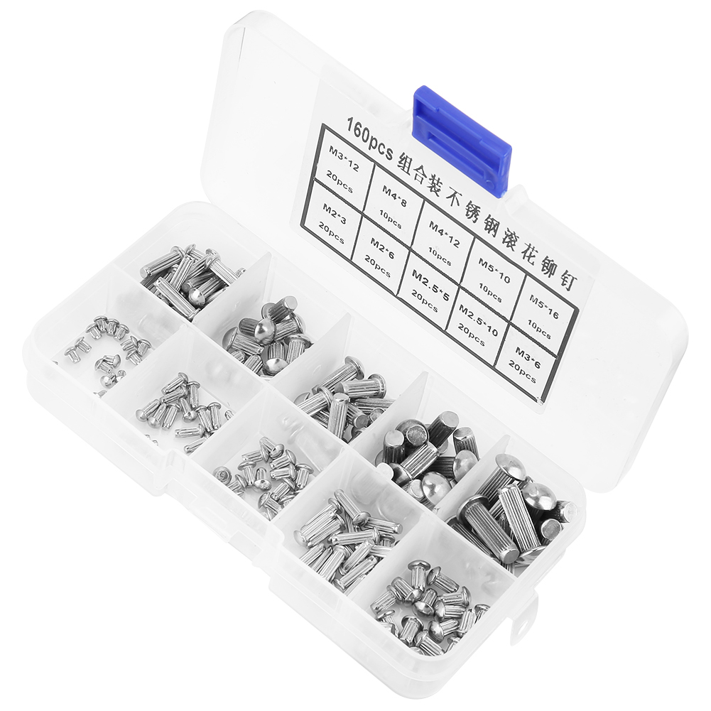 Packung Mit 160 Massiven Edelstahlnieten, Rundkopf Und Gerändelter Schaft, Größen M2 Bis M5, Komplettes Sortiment